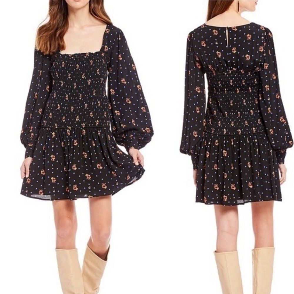 Free People Two Faces Black Floral Print‎ Smocked Long Sleeve Mini Dress Size S